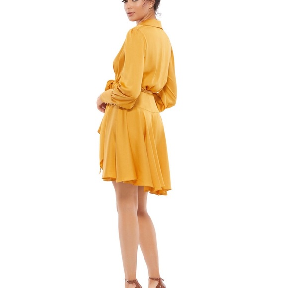 Mac Duggal Satin Wrap Mini Dress • Gold Mustard Long Sleeve Fit & Flare • Size 6 - Picture 3 of 16